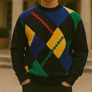 MARICCI Men’s VTG Boxy Knit Sweater in Black Geometric Argyle LIKE NEW, L